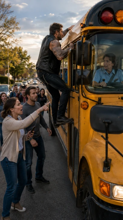 Un motard grimpe sur le toit d’un bus scolaire à l’heure de pointe — Les parents paniquent jusqu’à ce que la vérité éclate.
