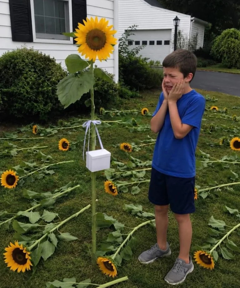 Chaque année, mon fils plantait des tournesols pour sa sœur jumelle. Un matin, nous avons trouvé toutes les fleurs coupées, sauf une, à laquelle était accrochée une petite boîte blanche.